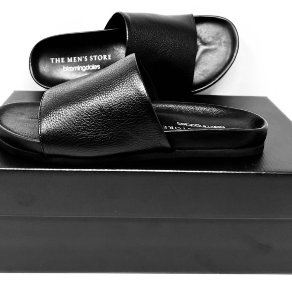 Bloomingdales Men's Store Smith Black Leather Men's Slides Sandals - Picture 3 of 3